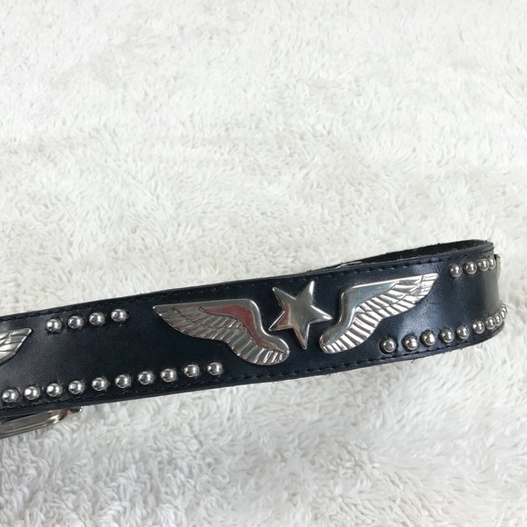 ✦SOLD ✦ Genuine Leather Belt Black Studded Wings Stars - Picture 3 of 9